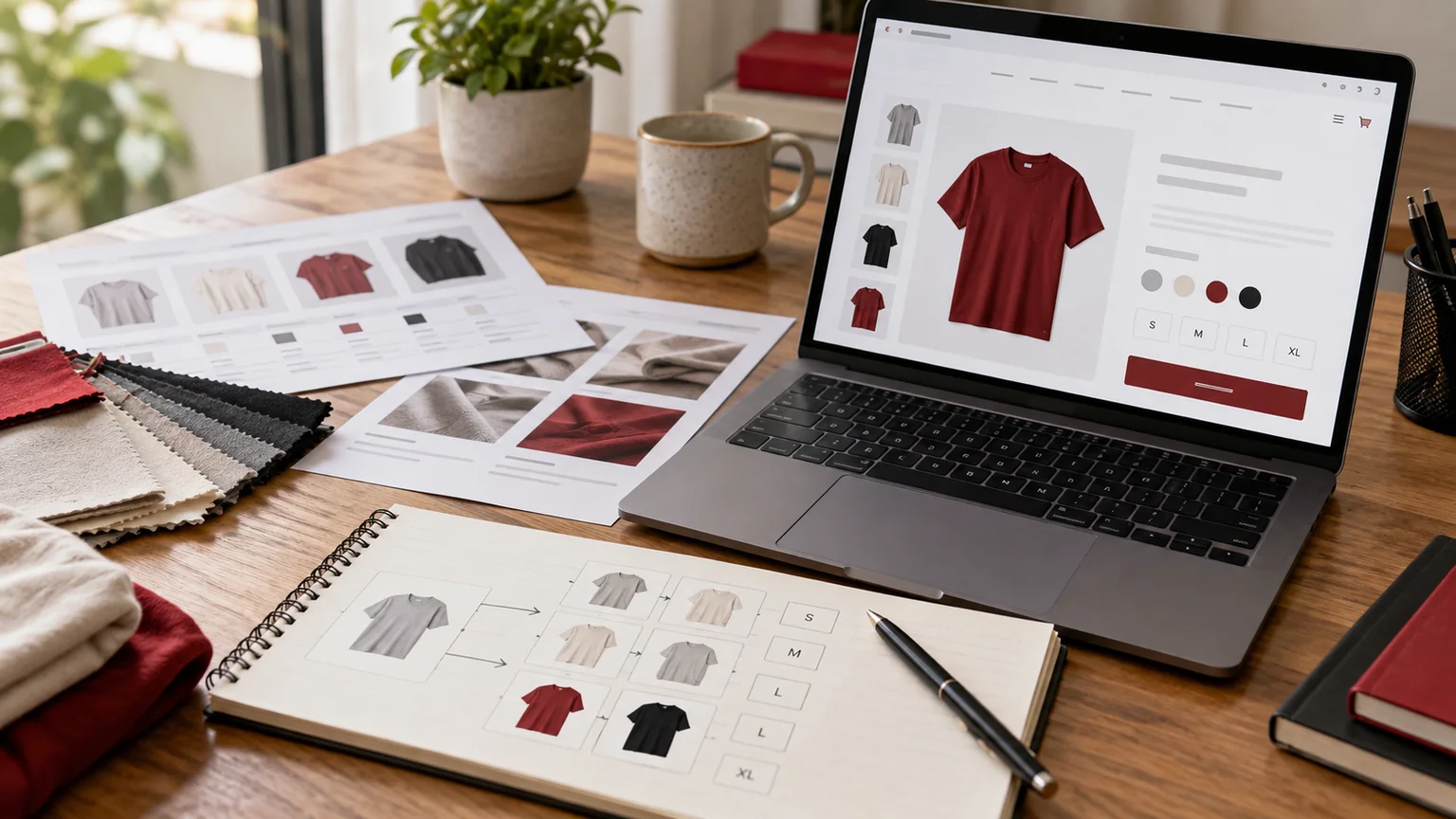 Illustrative generic product combination migration map, retail colour-size samples, catalogue sheets and laptop ecommerce preview. Concept screens, not a delivered client implementation.