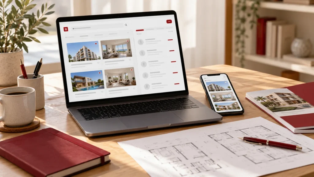 Illustrative property-enquiry planning desk with generic listing thumbnails, neutral lead cards and printed floor-plan shapes.