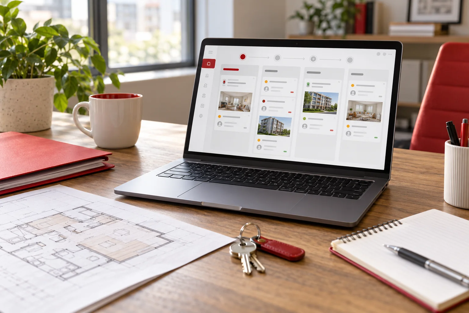 Illustrative property sales desk with a laptop lead workflow, floor plan and key ring
