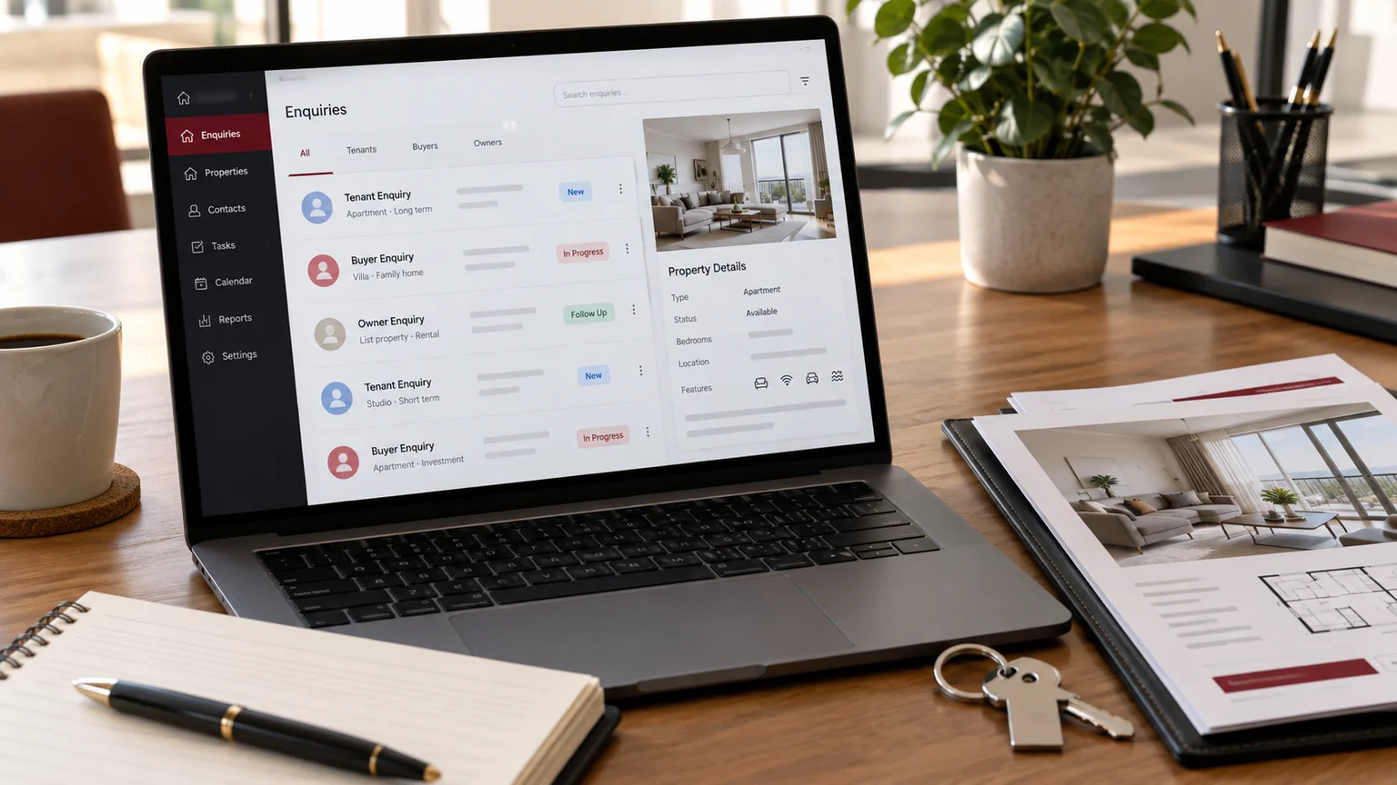 Illustrative generic property relationship CRM on a laptop with distinct enquiry categories, property information sheet and unbranded keyring. Concept screens, not a delivered client implementation.