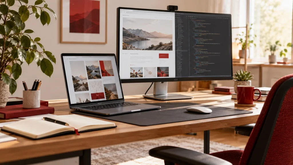 Illustrative remote development workspace with laptop, external monitor, webcam and a project notebook.