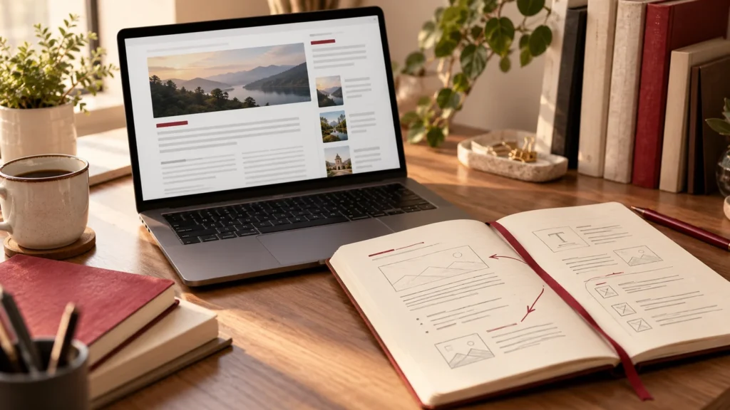 Illustrative structured content workspace with an article preview, rich-text block sketches and reference arrows.