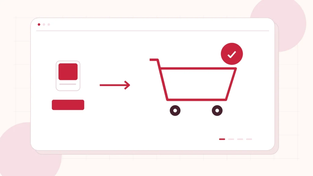 Editorial illustration of a product selection, cart request and visible confirmation path