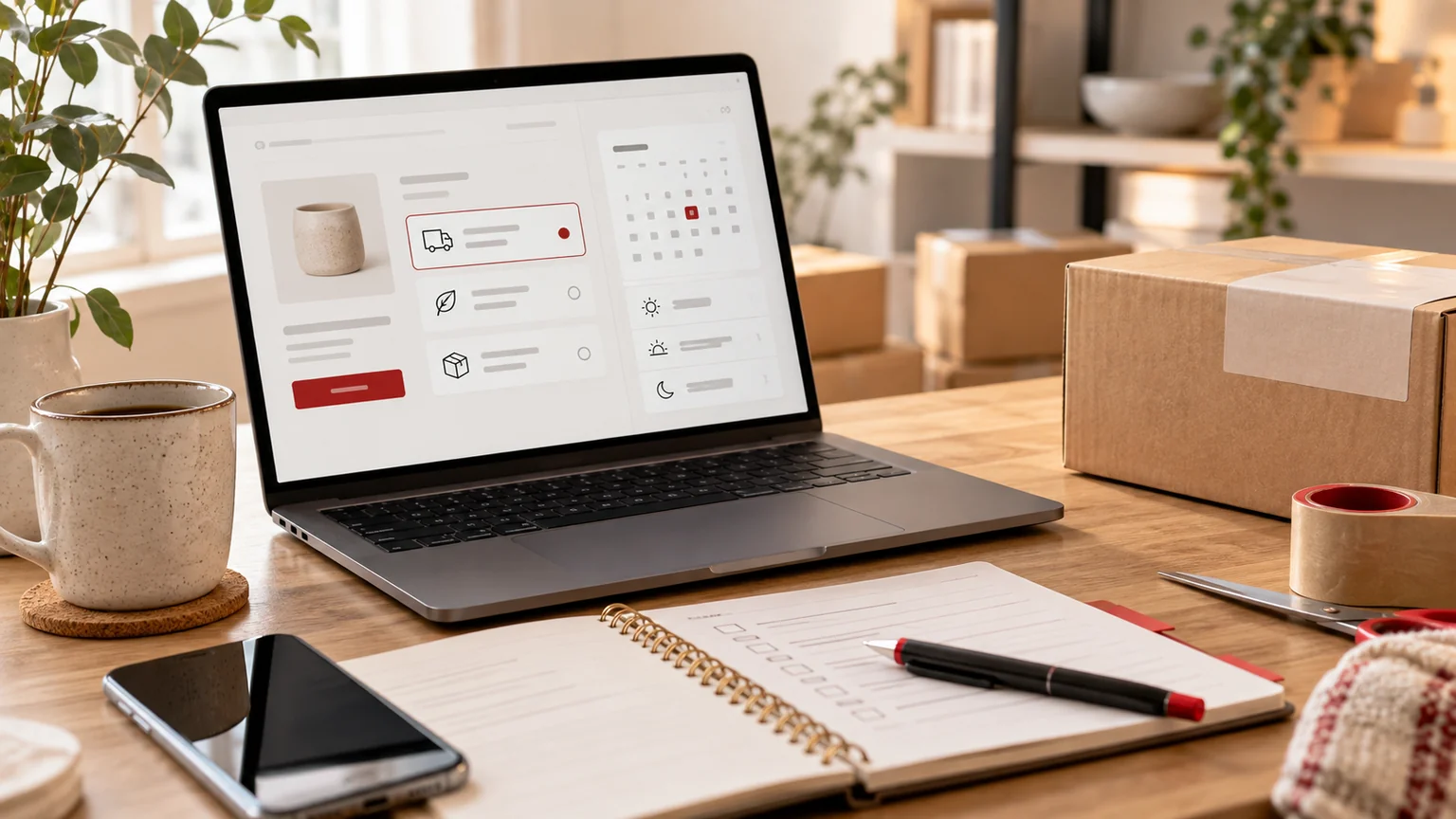 Illustrative generic delivery choice ecommerce screen, dispatch calendar with local time cards, retail parcel and shipping planning notebook. Concept screens, not a delivered client implementation.