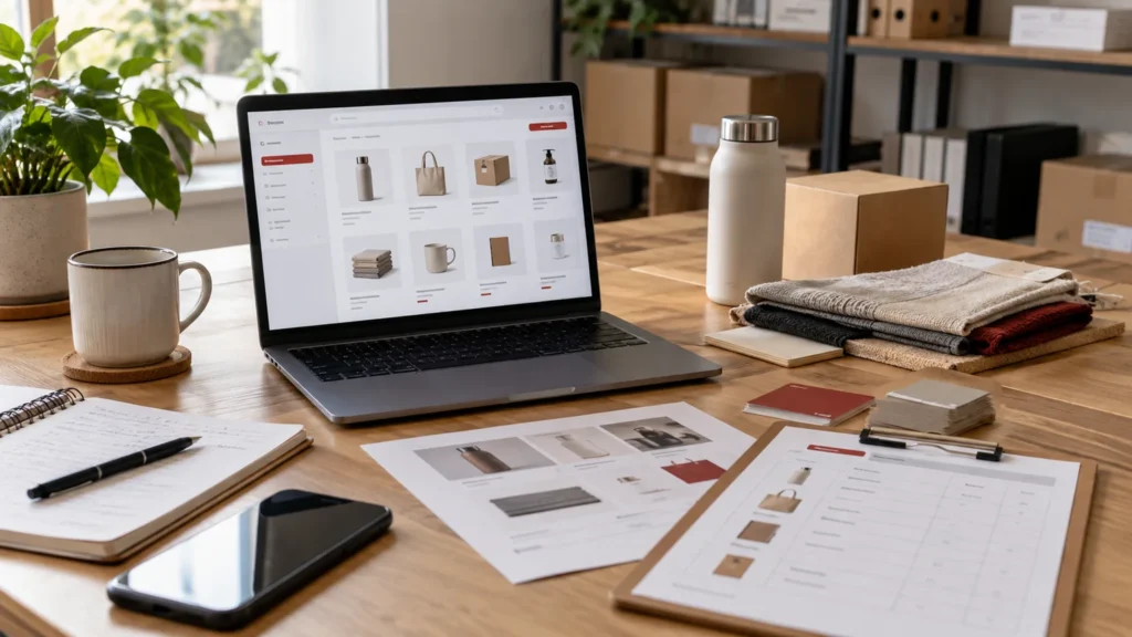 Illustrative generic wholesale ecommerce company catalogue on a laptop, product samples, company-location cards and retail order sheet. Concept screens, not a delivered client implementation.