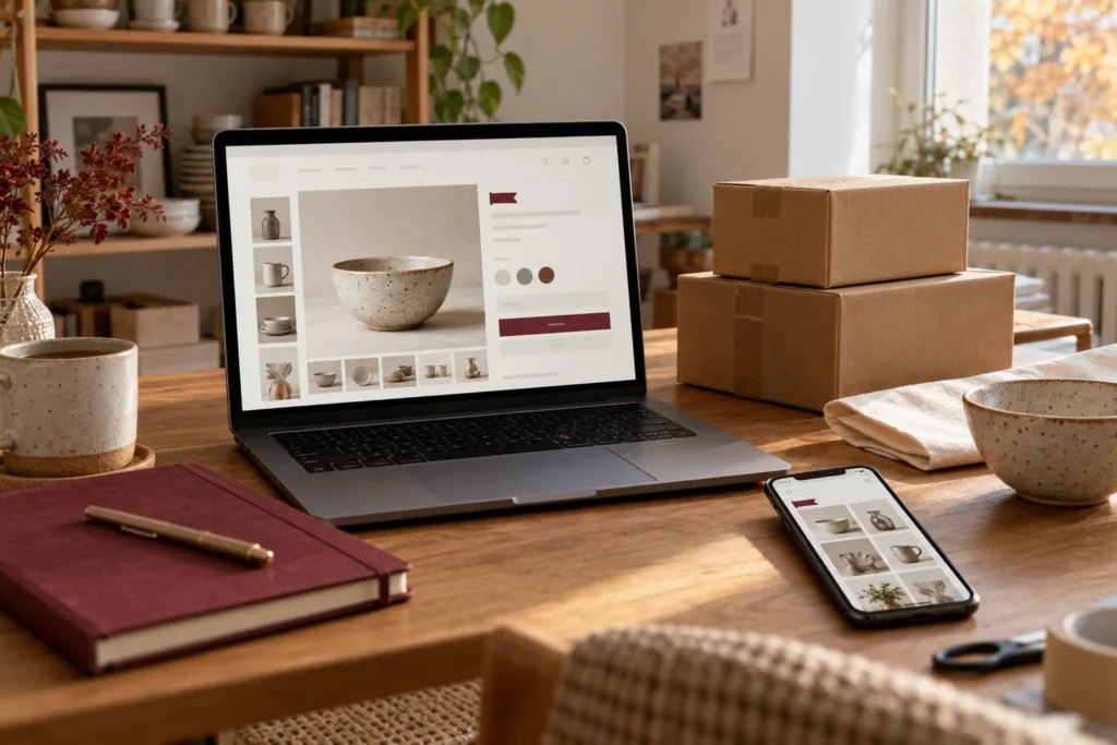 Illustrative ecommerce preparation desk with a homeware storefront, phone and kraft shipping parcels