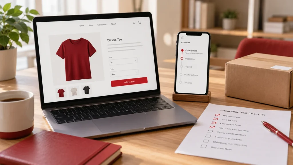 Illustrative ecommerce integration review desk with generic checkout and order-status screens, shipping box and paper test checklist.