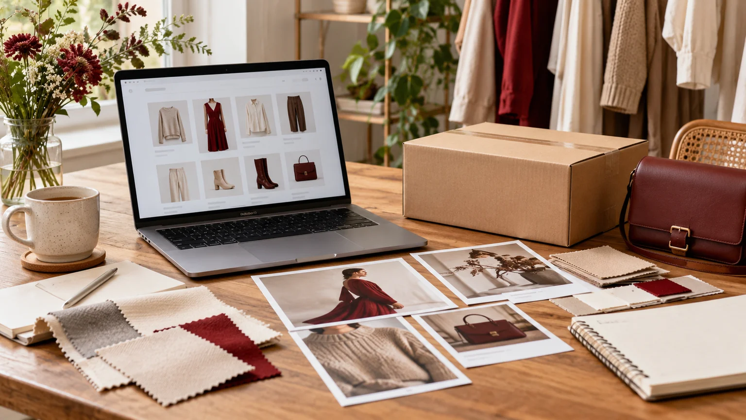 Illustrative fashion ecommerce planning table with a generic product catalogue, neutral fabric swatches and unbranded packaging.