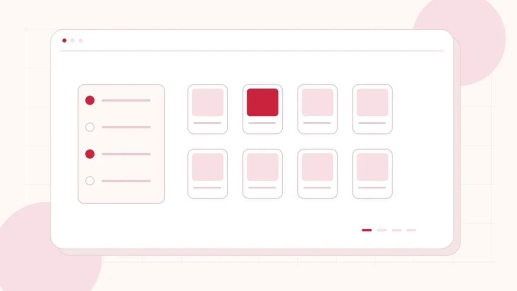 Editorial illustration of product cards narrowed by material, size and availability filters