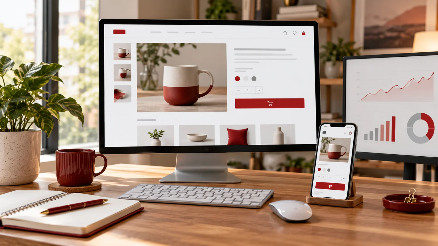 Illustrative ecommerce performance workspace with a generic product storefront, matching mobile view and conceptual charts.