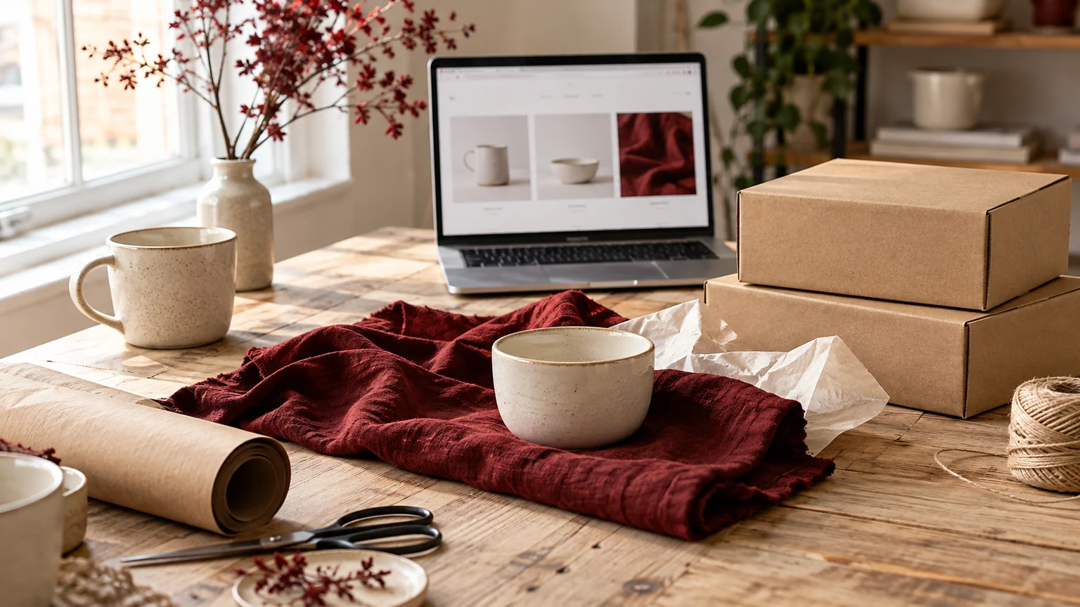 Illustrative ecommerce packing table with ceramics, shipping boxes and a laptop storefront.