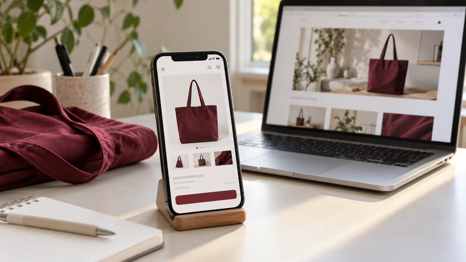 Illustrative mobile shopping review with a tote product page on a phone and laptop.