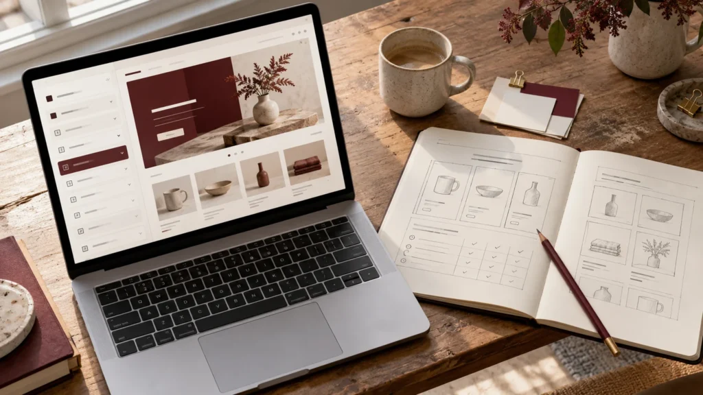 Illustrative Shopify theme planning workspace with a storefront preview and paper wireframes.
