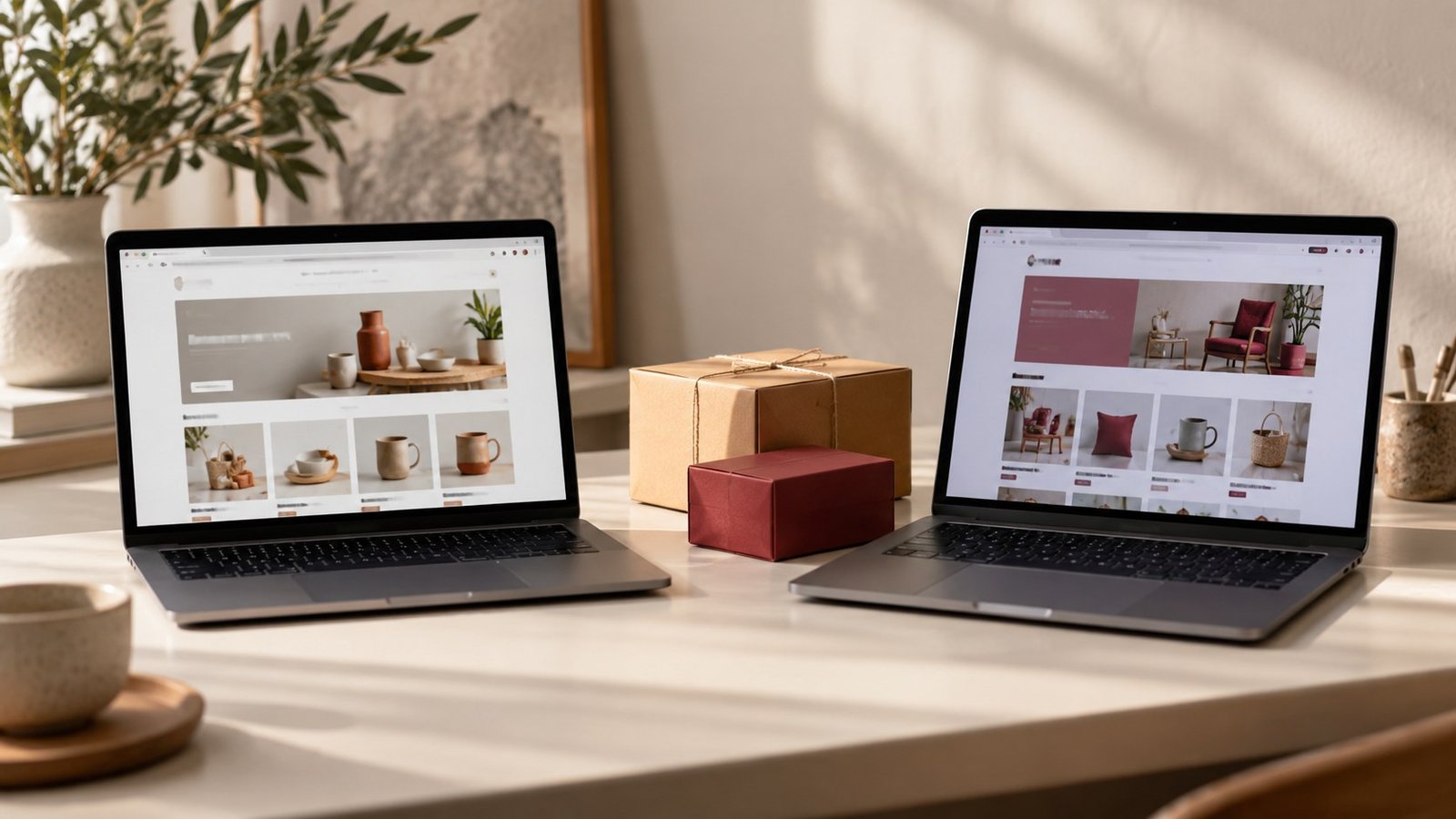 Two laptops showing online storefront layouts with parcels on a desk