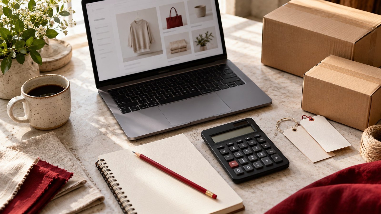 An online storefront, shipping boxes and budgeting notebook