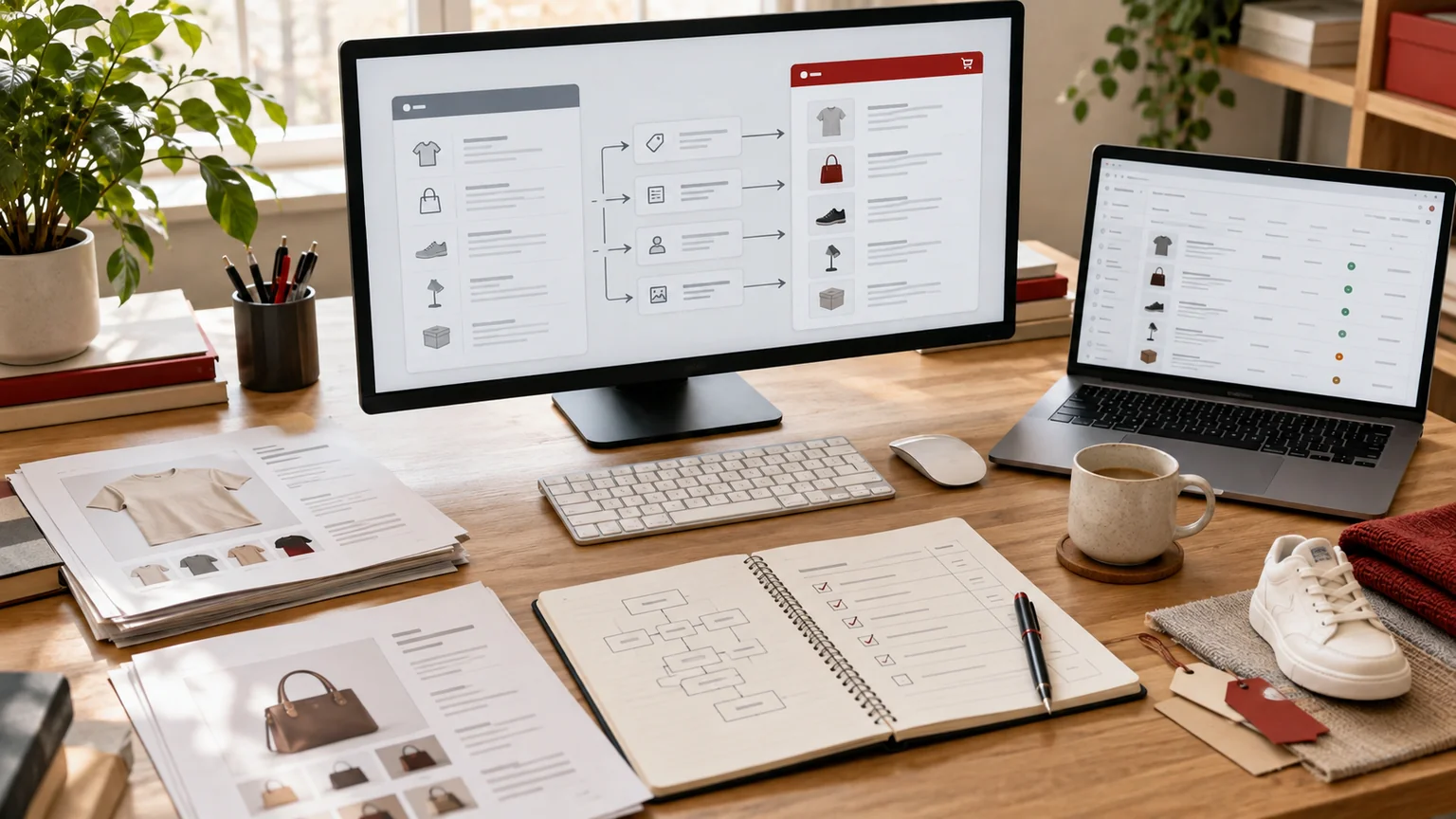 Illustrative generic ecommerce catalogue migration map on monitor, product reference sheets, variation samples and data reconciliation notebook. Concept screens, not a delivered client implementation.