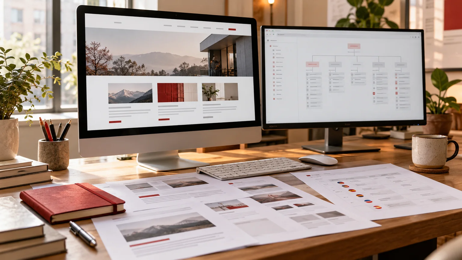 Illustrative enterprise website planning desk with a corporate page preview, content tree and language inventory sheets.