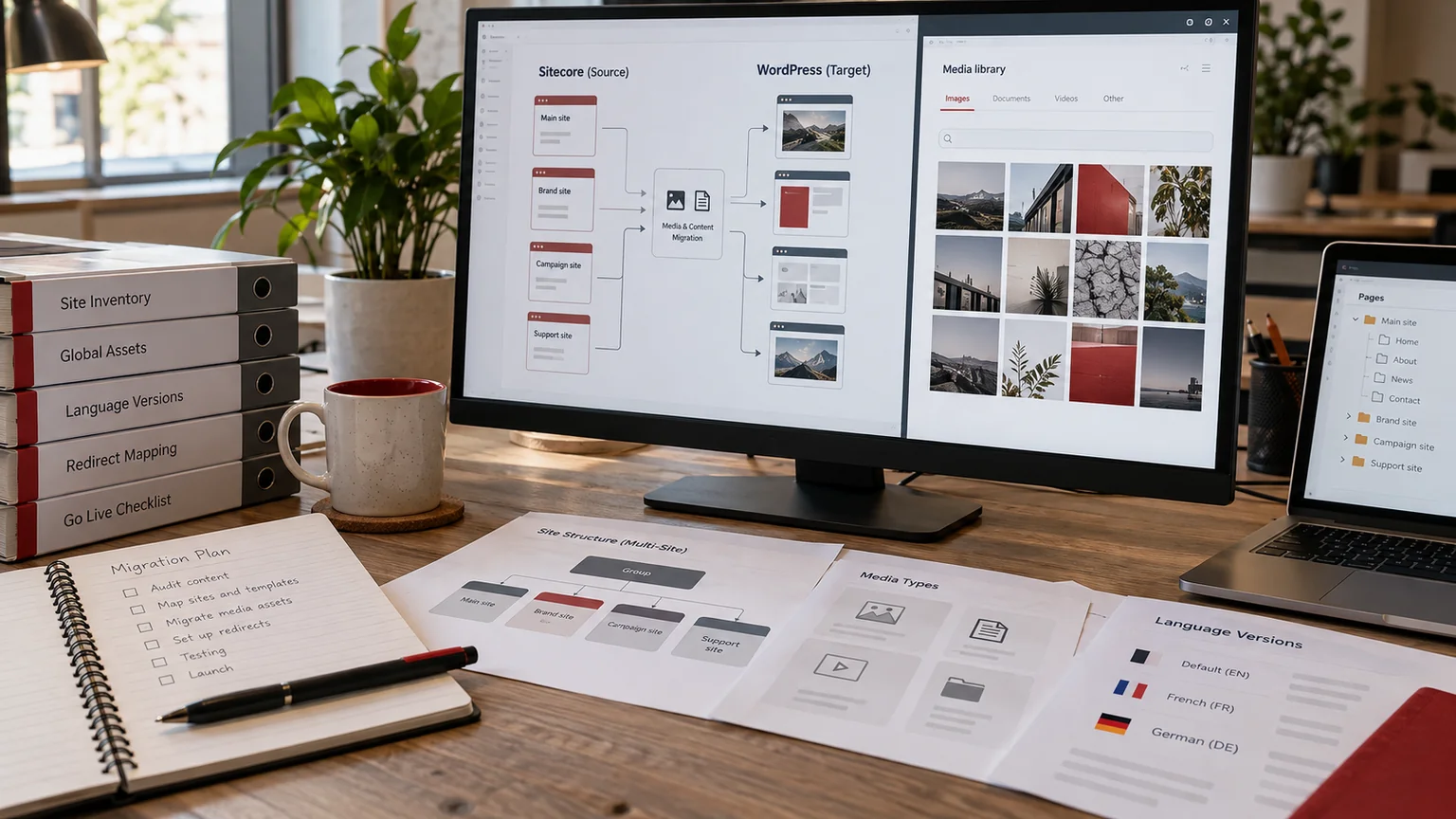 Illustrative generic multisite media migration map on a large monitor, asset thumbnails, organised site inventory folders and translation versions on paper. Concept screens, not a delivered client implementation.