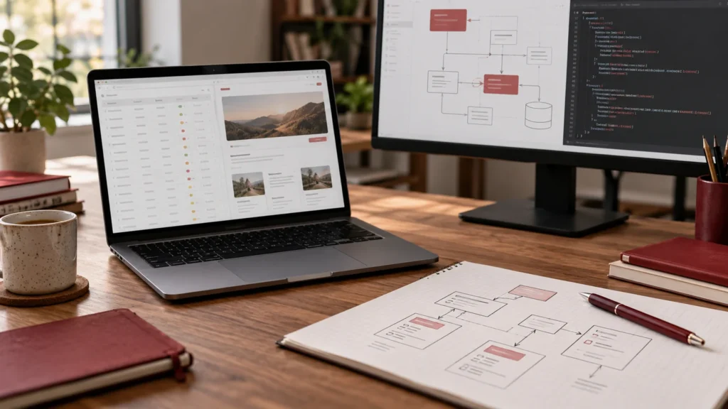 Illustrative API-backed website workspace with a generic content table, schema diagram and website preview.