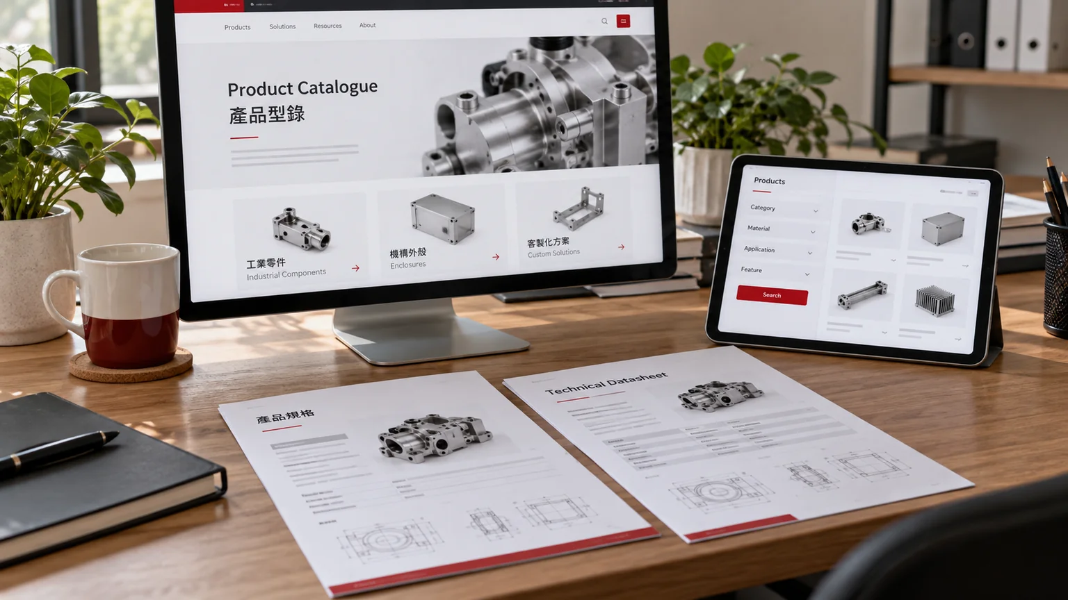 Illustrative bilingual export product catalogue on a desktop monitor, two printed technical datasheets and a tablet with product filters. Concept screens, not a delivered client implementation.