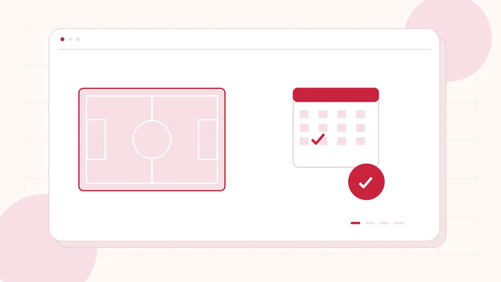 Editorial illustration of a sports pitch, recurring calendar slots and a payment status marker