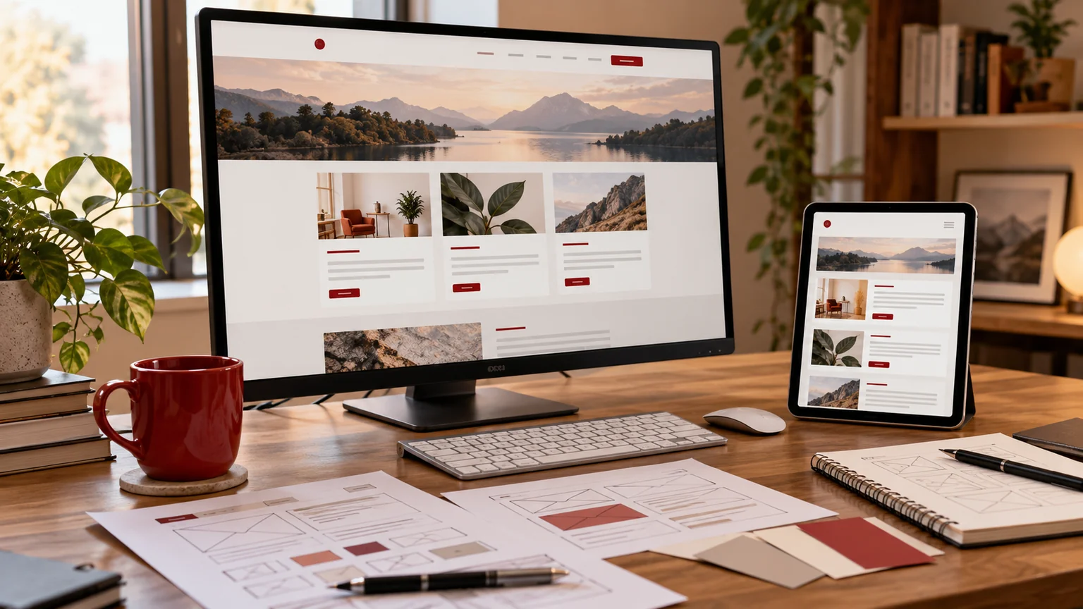 Illustrative content editing workspace with modular website sections, a tablet preview and printed block sketches.