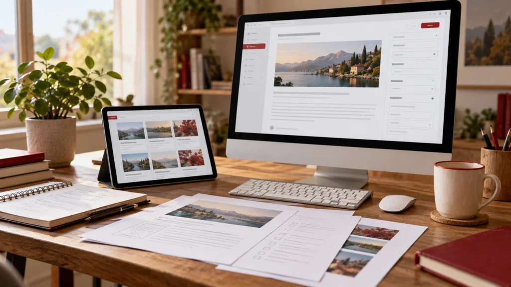 Illustrative content publishing desk with a generic structured article editor, tablet resource grid and paper content outlines.