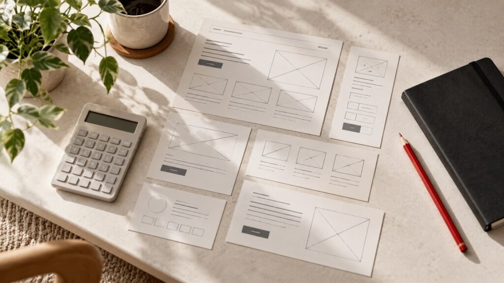 Website planning cards, a calculator, notebook and pencil
