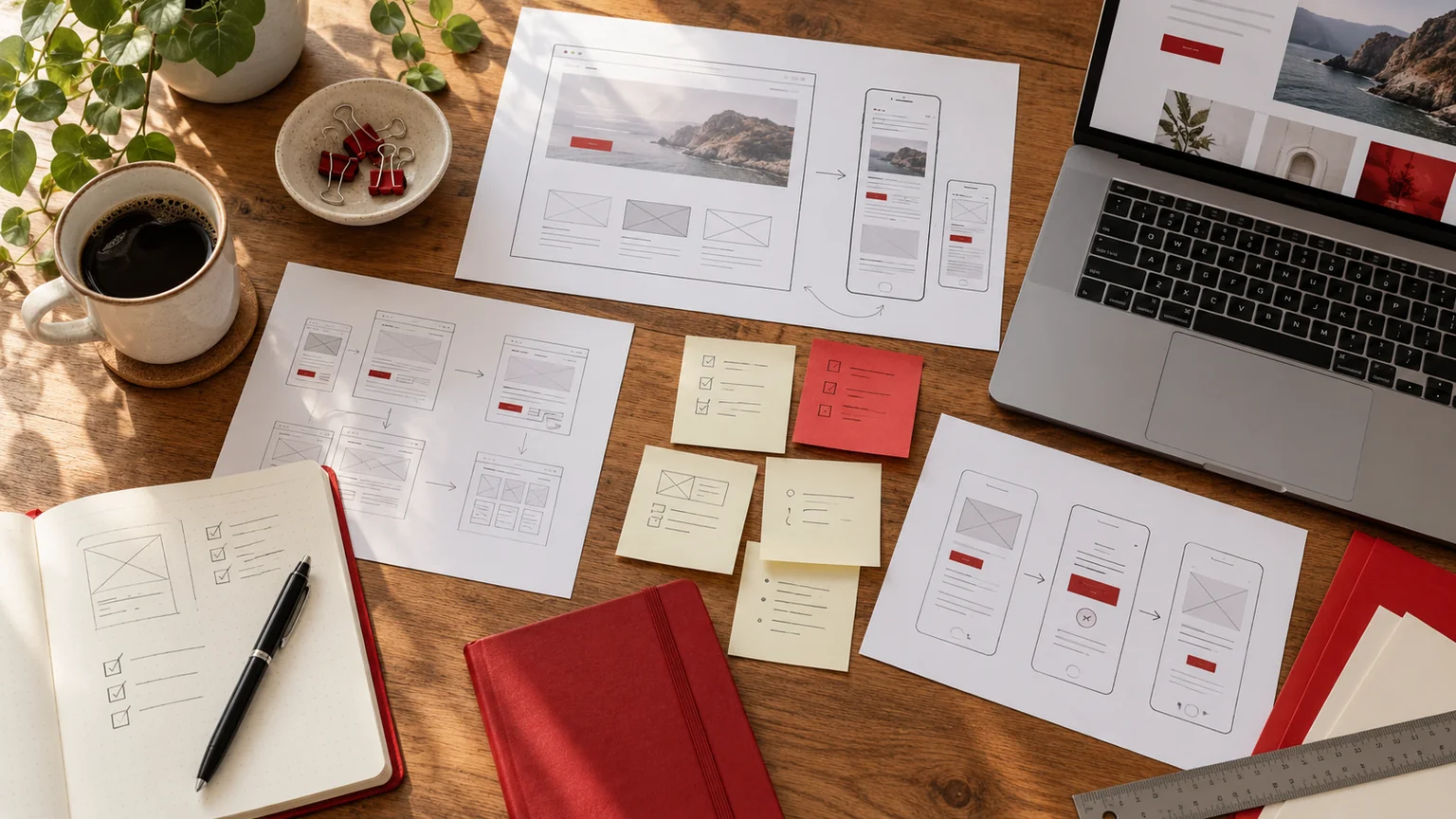 Illustrative agency handover desk with responsive wireframe printouts, grouped revision notes and a generic website preview.