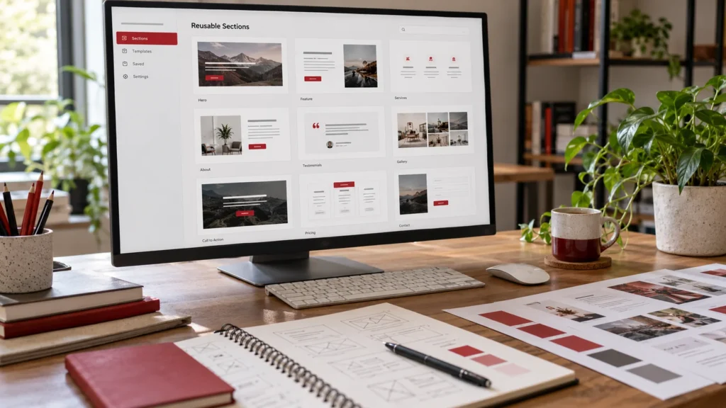 Illustrative Elementor-like generic reusable page section library on a monitor without actual brand UI, design system cards and content-editing proofs. Concept screens, not a delivered client implementation.