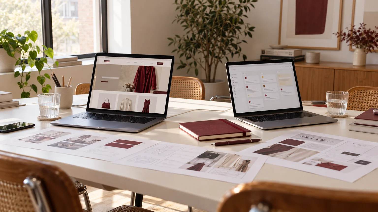 Illustrative agency collaboration table with ecommerce and task-board screens on two laptops.