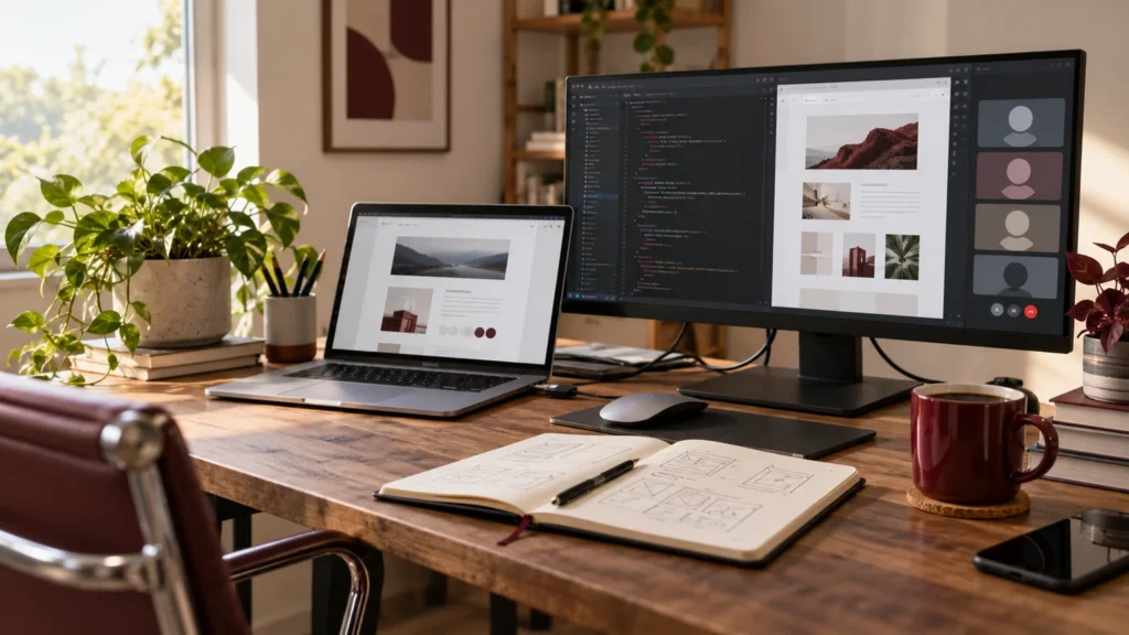 Illustrative remote developer workspace with website layouts, code review and a collaboration screen