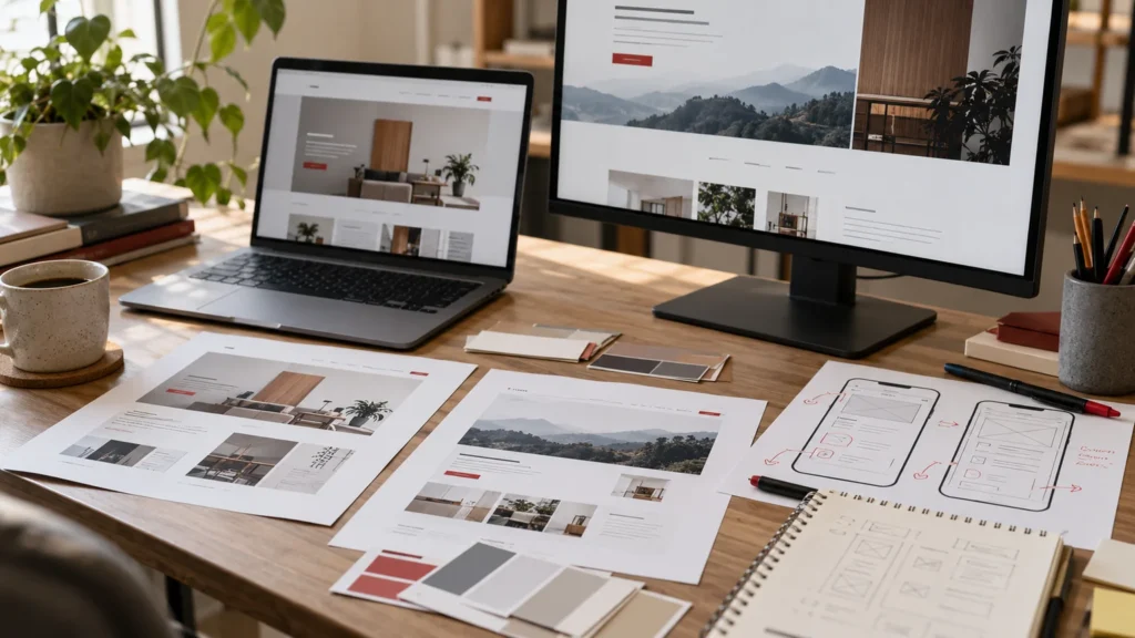 Illustrative design review studio desk with two generic bilingual page concepts, typographic layout proofs and a marked-up mobile wireframe. Concept screens, not a delivered client implementation.
