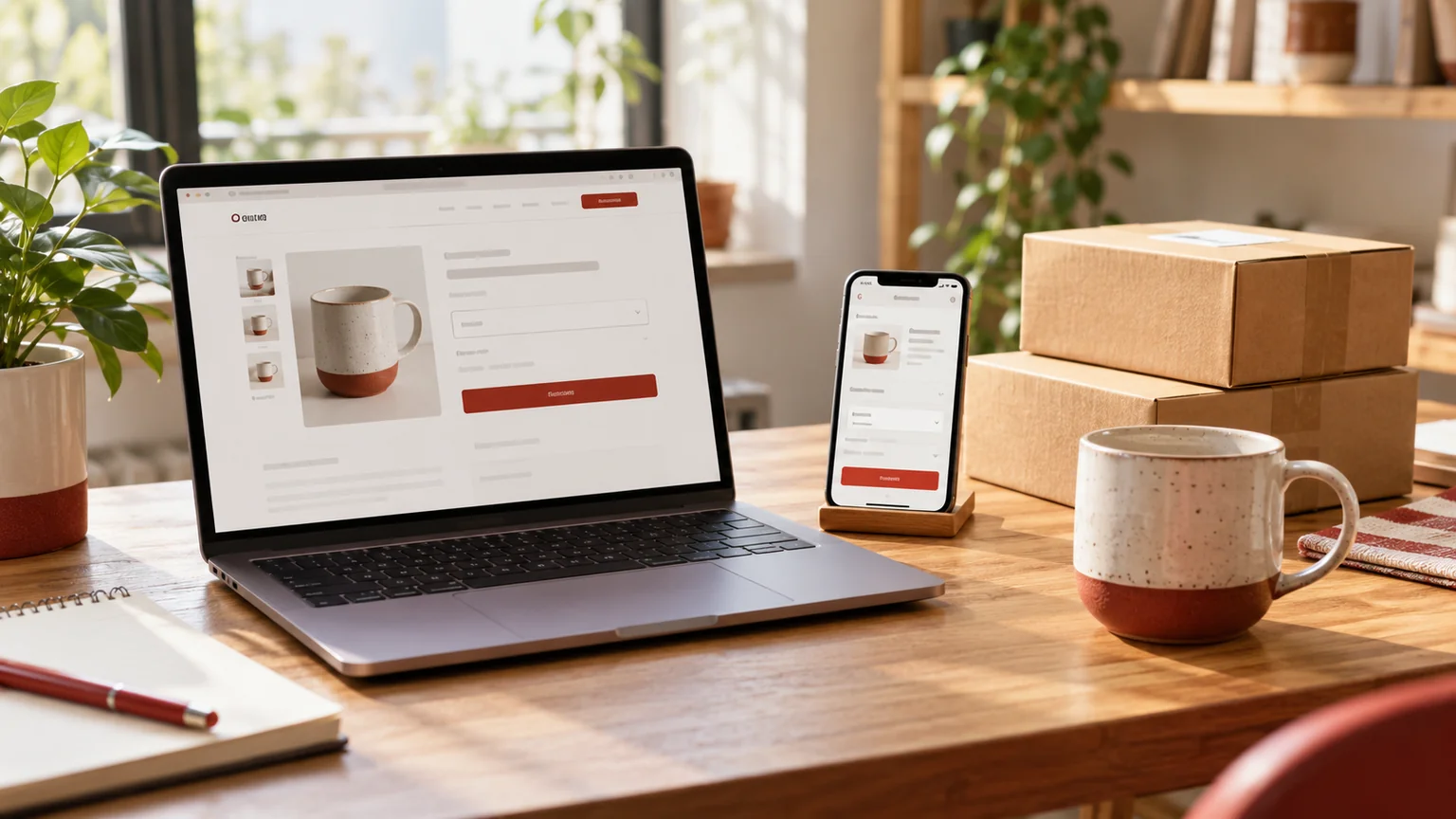 Illustrative ecommerce development desk with generic laptop and mobile checkout layouts and plain shipping boxes.