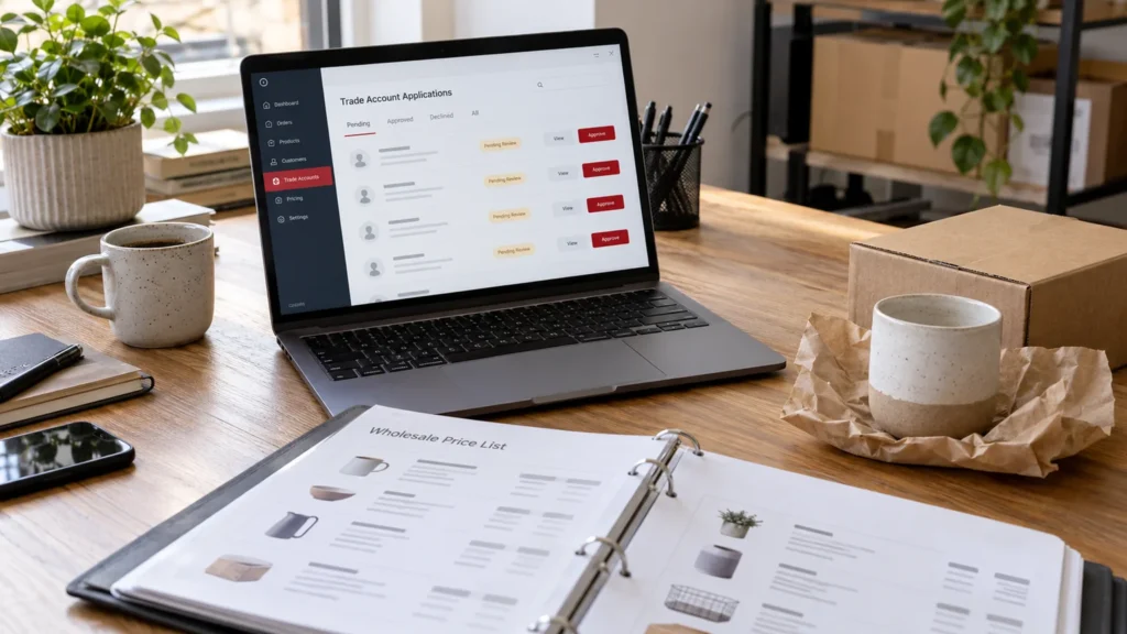 Illustrative generic wholesale trade-account review interface on a laptop, product price-list binder and a sample retail item without brand. Concept screens, not a delivered client implementation.