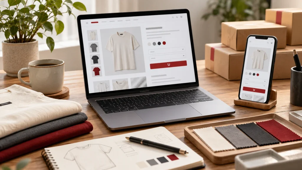 Illustrative generic product variation store on laptop, different colour retail samples, stock option cards and mobile product preview. Concept screens, not a delivered client implementation.