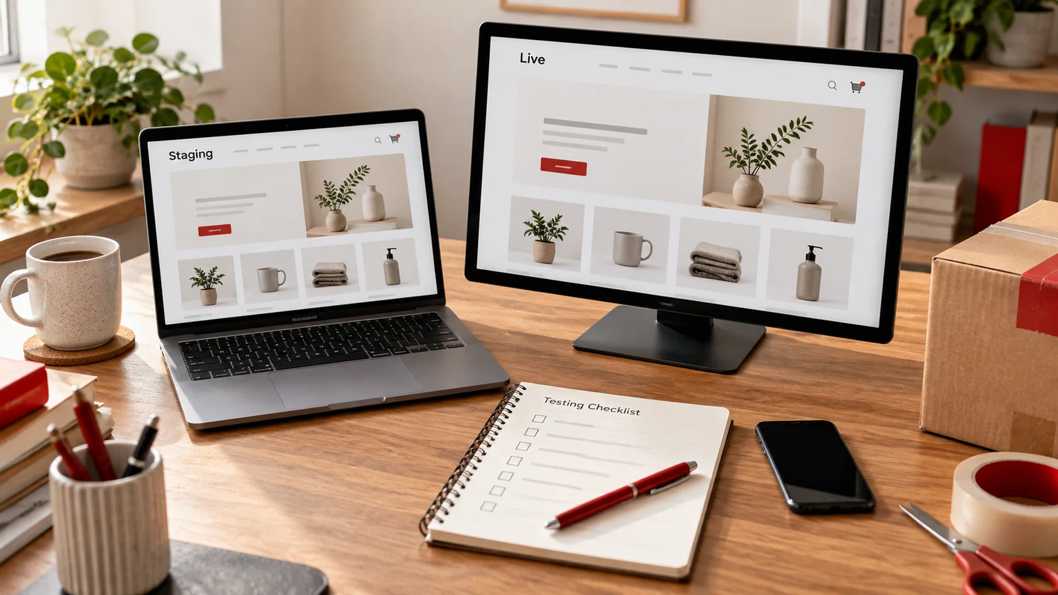 Illustrative generic staging and live ecommerce comparison on two devices, labelled testing checklist without actual records, parcel and maintenance notebook. Concept screens, not a delivered client implementation.