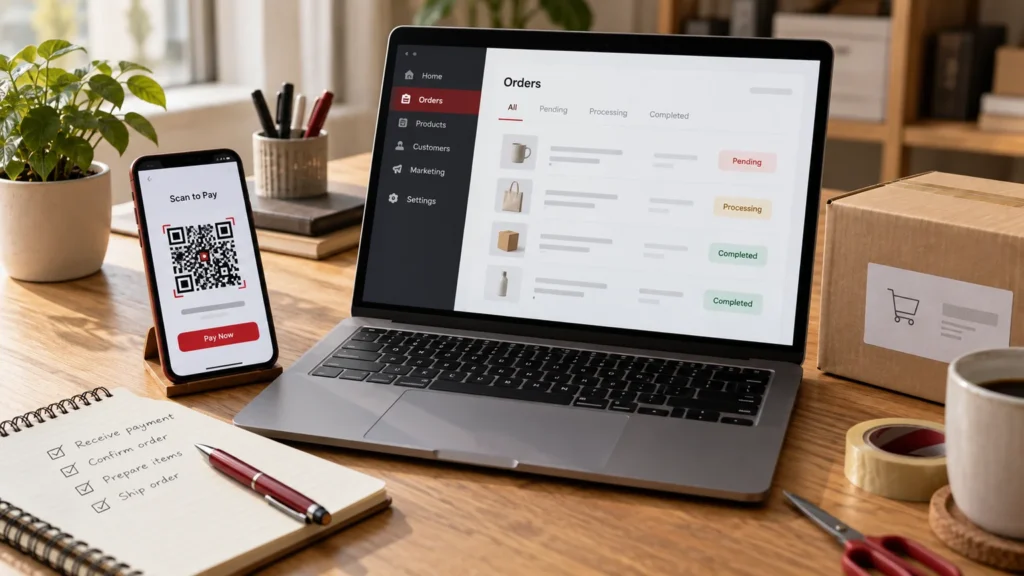 Illustrative generic mobile QR payment concept with Shopify-style order status on laptop, small store parcel and pending-complete workflow cards without actual brand logos. Concept screens, not a delivered client implementation.