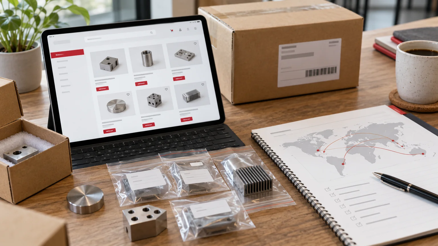 Illustrative generic sample product storefront on a tablet, small packaged metal samples, cardboard parcel and shipping-zone planning sheets. Concept screens, not a delivered client implementation.