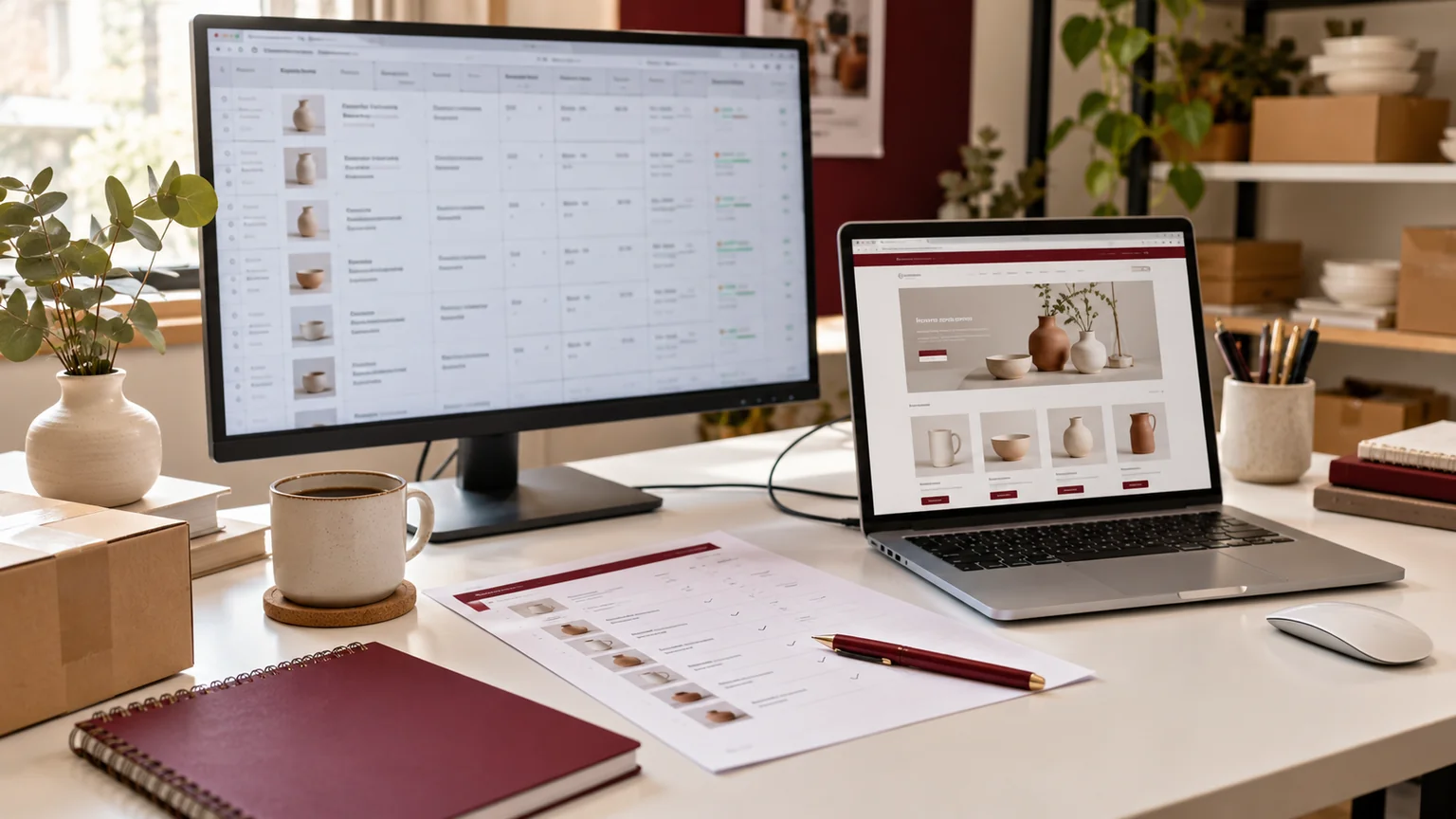 Illustrative migration planning desk with a product inventory screen and ecommerce storefront.