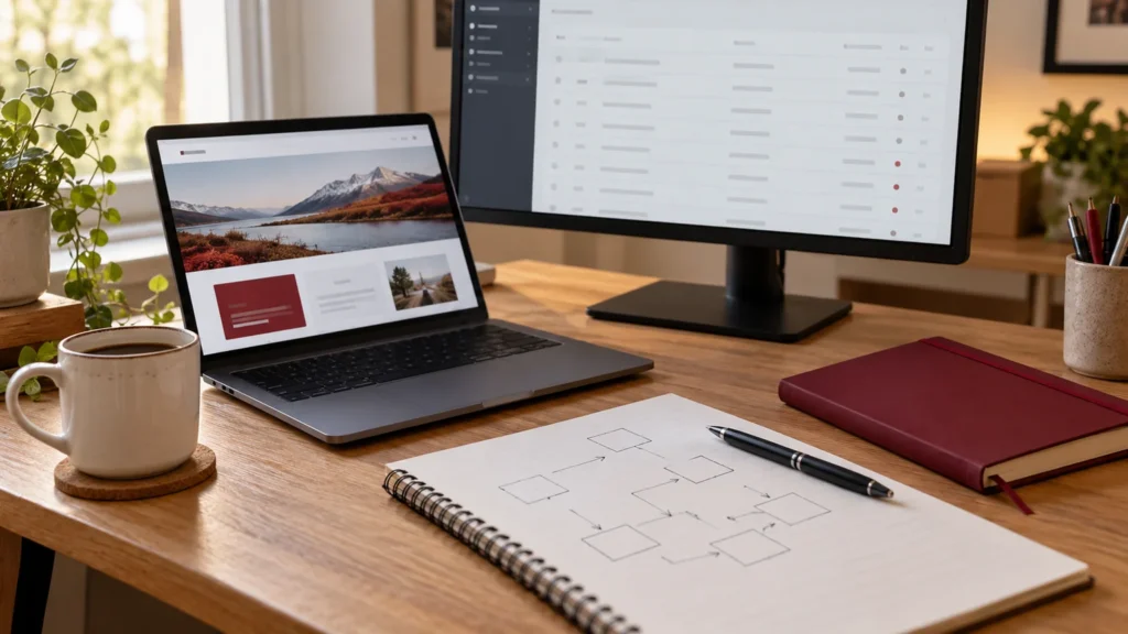 Illustrative API integration planning workspace with generic website and administrative screens and an unlabeled connection sketch.