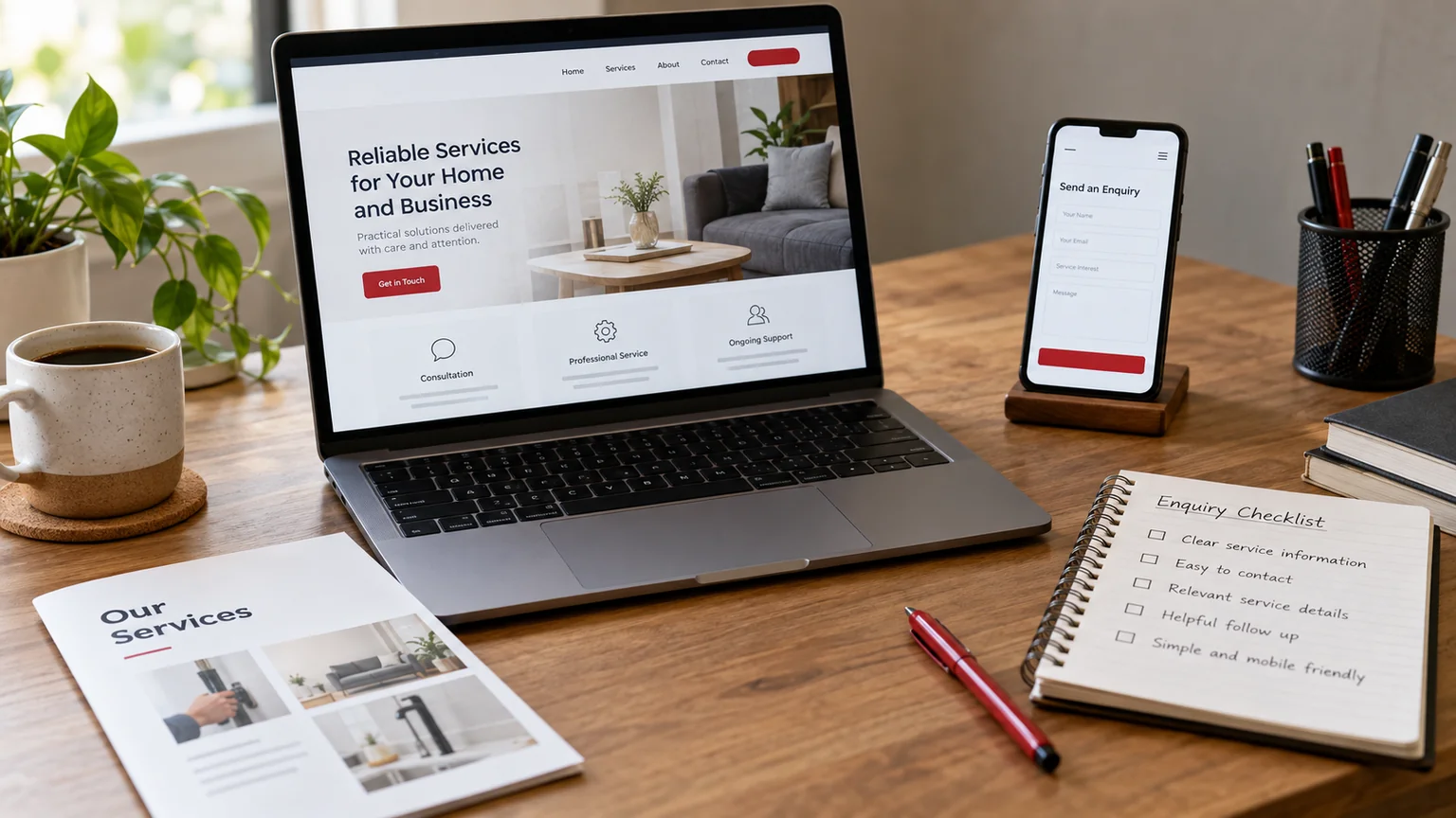 Illustrative small service business website on a laptop, simple service brochure, enquiry checklist and a smartphone form preview. Concept screens, not a delivered client implementation.