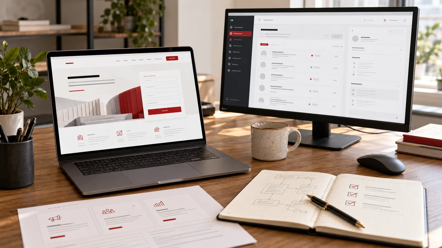 Illustrative software company demo request website beside a generic CRM handover screen, campaign cards and review checklist. Concept screens, not a delivered client implementation.