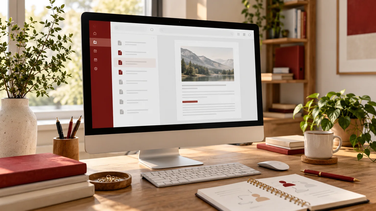 Illustrative client-portal planning desk with a generic document list, neutral file preview and role-planning notebook.