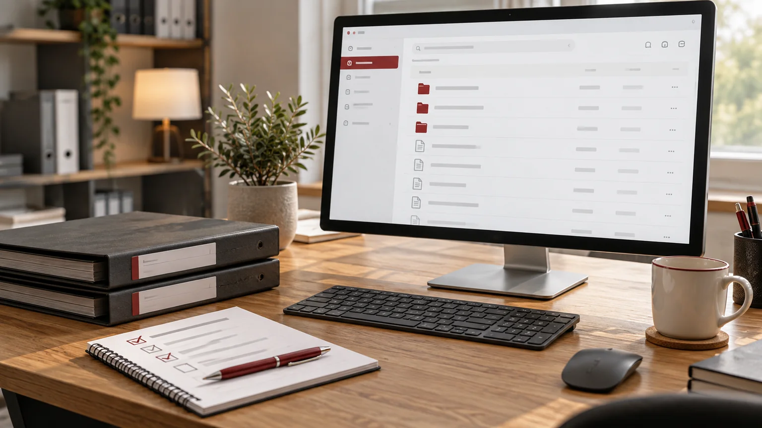 Illustrative generic private client document portal on monitor, closed document folders, access review checklist and keyboard. Concept screens, not a delivered client implementation.
