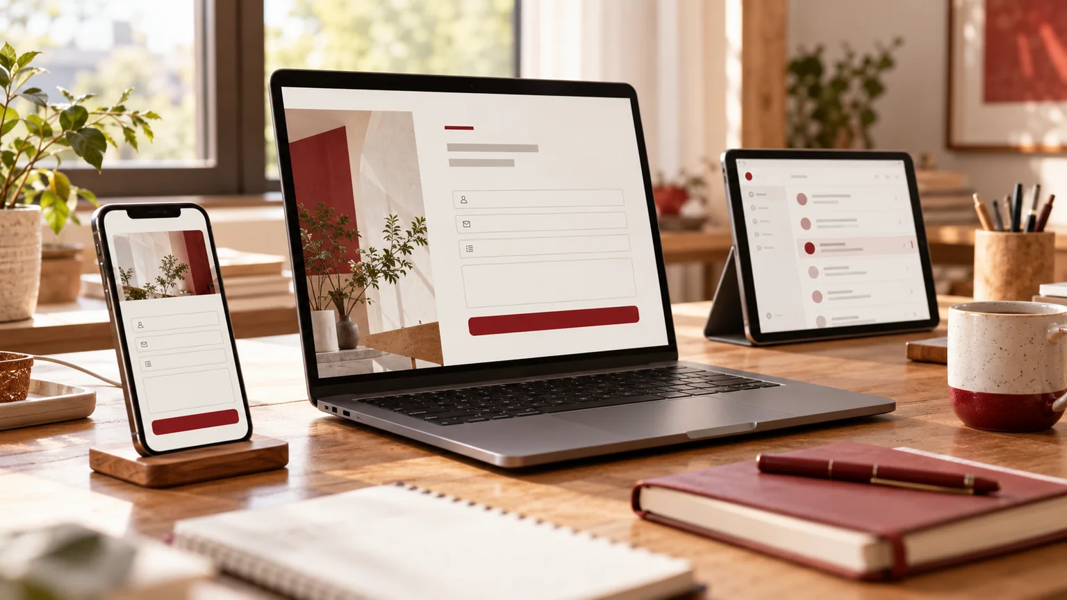 Illustrative enquiry-form review desk with generic desktop and mobile forms and an indistinct message list.