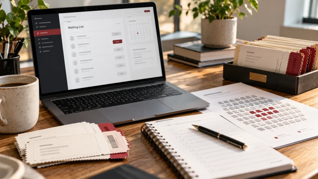 Illustrative event waiting list concept on laptop, neutral event tickets, seat allocation cards and event organiser notebook. Concept screens, not a delivered client implementation.