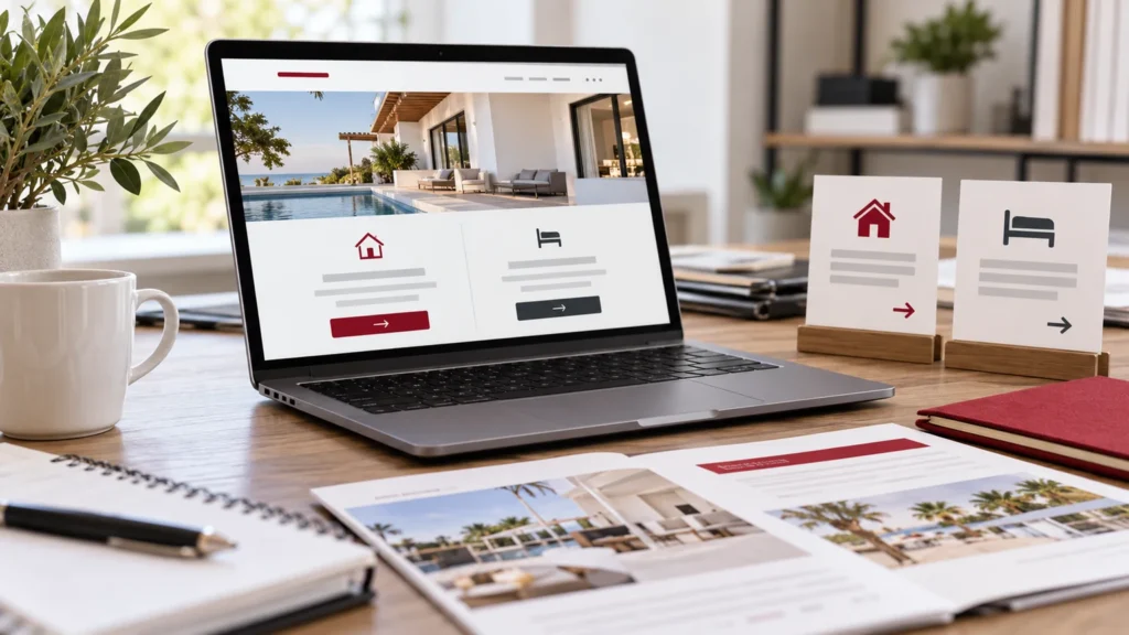 Illustrative property management website with separate owner and guest request paths on laptop, property brochure and enquiry routing cards. Concept screens, not a delivered client implementation.