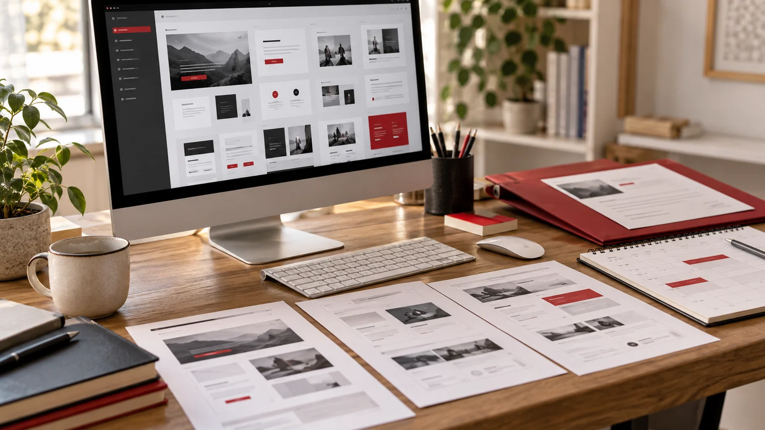 Illustrative generic campaign component library on monitor, several landing page wireframes, creative brief folder and editorial calendar. Concept screens, not a delivered client implementation.