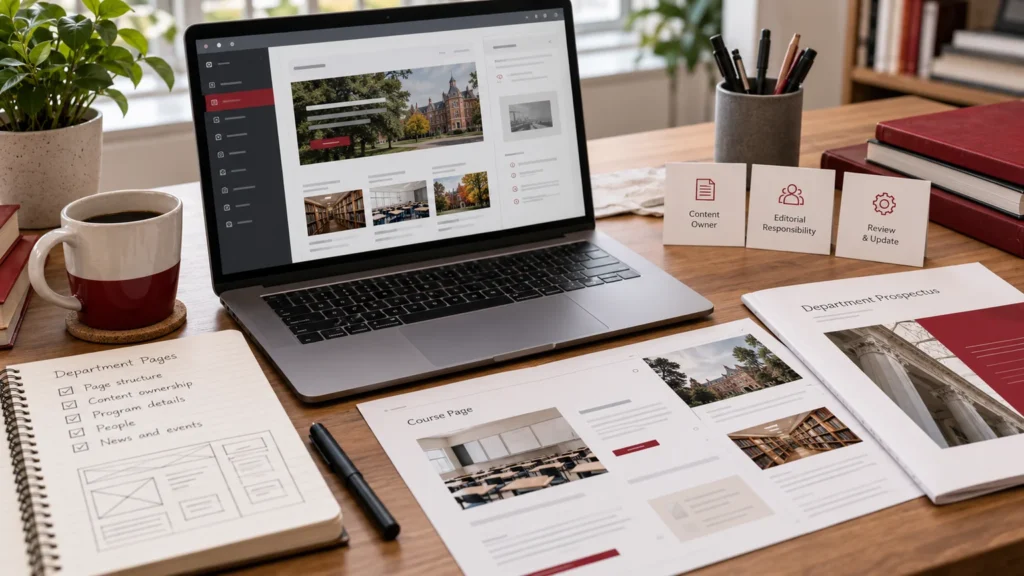 Illustrative university department website planning screen, course page proofs, editorial responsibility cards and a prospectus. Concept screens, not a delivered client implementation.